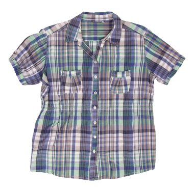 Woman's blue cotton plaid shirt with short sleeves clipart