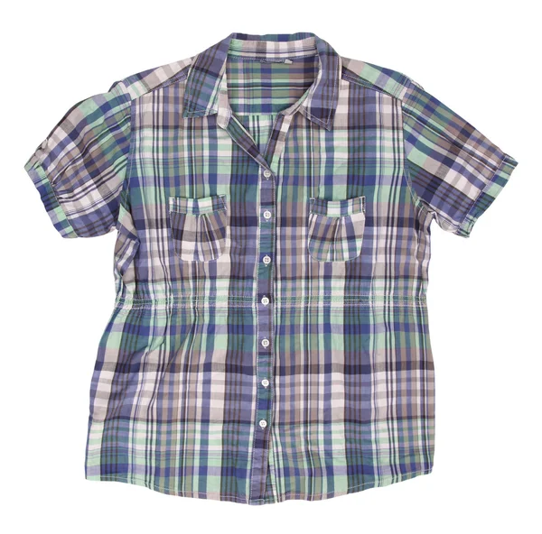 Woman's blue cotton plaid shirt with short sleeves Royalty Free Stock Photos