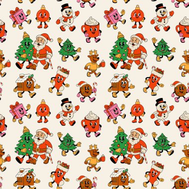 Seamless Pattern with Festive Cartoon Characters for Christmas and Winter Designs