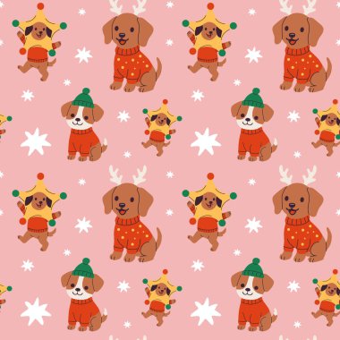 Bayram sezonunda pembe arka planda süslü süveter ve şapkalı şirin köpekler.