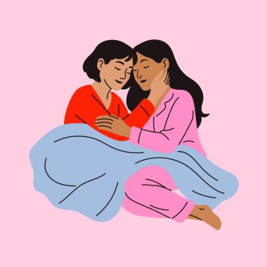 Battaniyeli, pijamalı iki kadın arasındaki mahrem an.