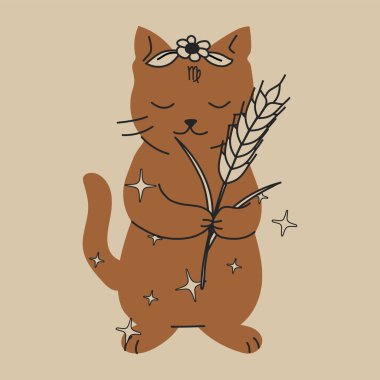 Başak Sembollü Şirin Kahverengi Kedi ve Elinde Buğday