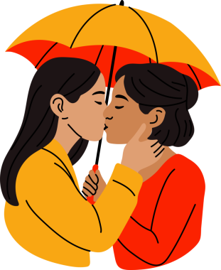 Renkli bir şemsiye altında öpüşen romantik bir çift.