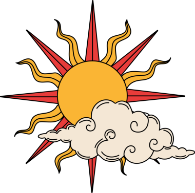 Retro güneş ve canlı renklerde bulut çizimi