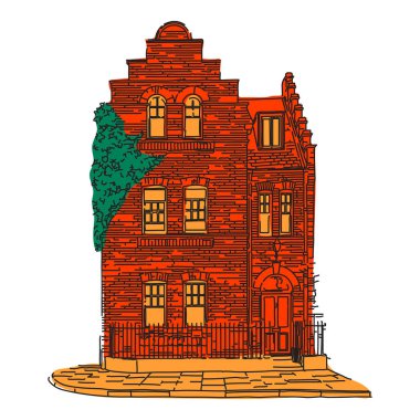 Turuncu pencereli ve yeşil sarmaşıklı kırmızı tuğla ev