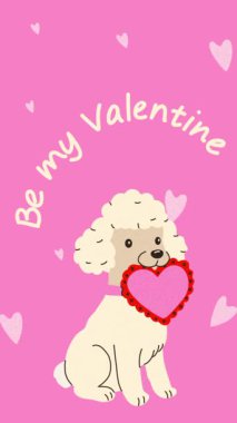 Kalp şeklinde sevgililer günü kartı ve çizgi film köpeği.