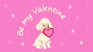 Kalp şeklinde sevgililer günü kartı ve çizgi film köpeği döngü animasyonu, alfa kanalı