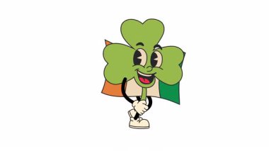 İrlanda Bayrak Renkli Neşeli Yonca Karakteri. Yürüyen Döngü Animasyonu. Alfa Kanalı Şeffaflığı