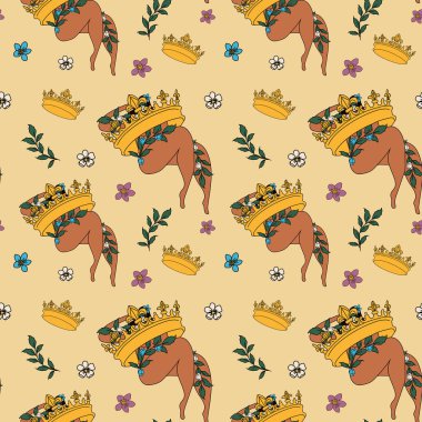 Kraliyet tacı ve kadınsı figürlü kusursuz desen.