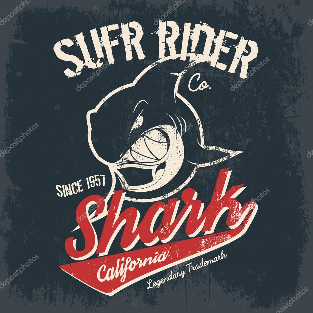 Vintage American old grunge effect tee print vector design.  Premium quality superior shark retro logo concept. Shabby t-shirt and hoodie emblem.