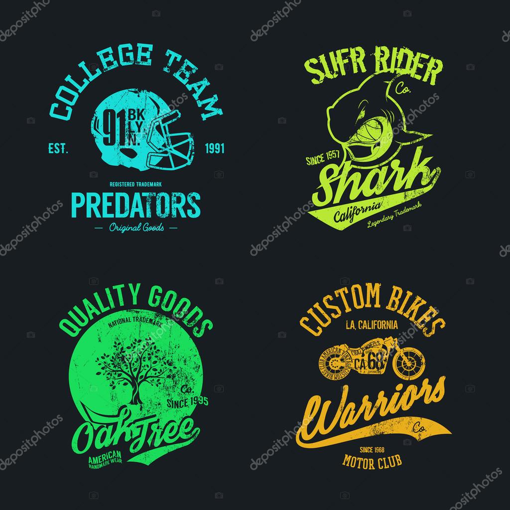 Vintage American old grunge effect tee print vector design illustration set.  Premium quality superior helmet, shark, oak, bike retro logo concept. Motor club, sport team, trademark shabby t-shirt emblem.