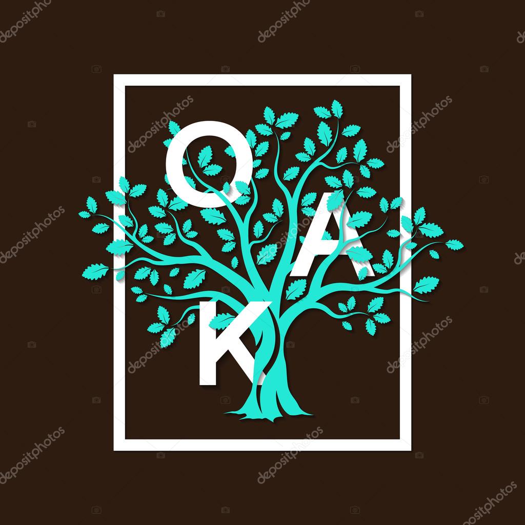 Beautiful green oak tree silhouette on brown background. Infographic modern vector sign.  Premium quality illustration letters logo design concept.