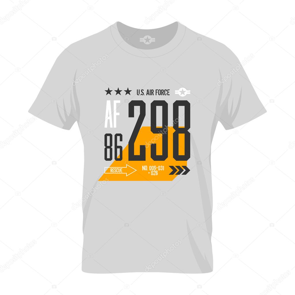 Modern american air force tee print vector design. Premium quality superior number logo concept. T-shirt U.S. aircraft mock up.