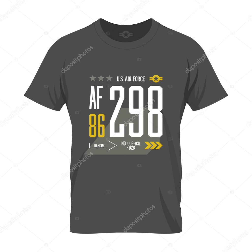 Modern american air force tee print vector design. Premium quality superior number logo concept. Shabby t-shirt U.S. aircraft emblem.