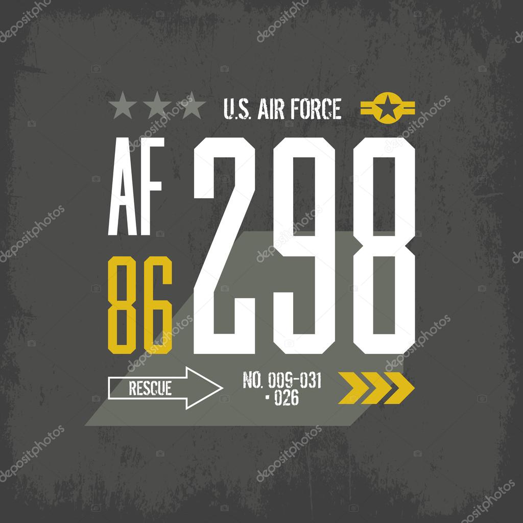 Modern american air force tee print vector design. Premium quality superior number logo concept. Shabby t-shirt U.S. aircraft emblem.