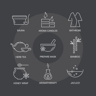 Koyu arka plan üzerinde Spa ince çizgi Icons set