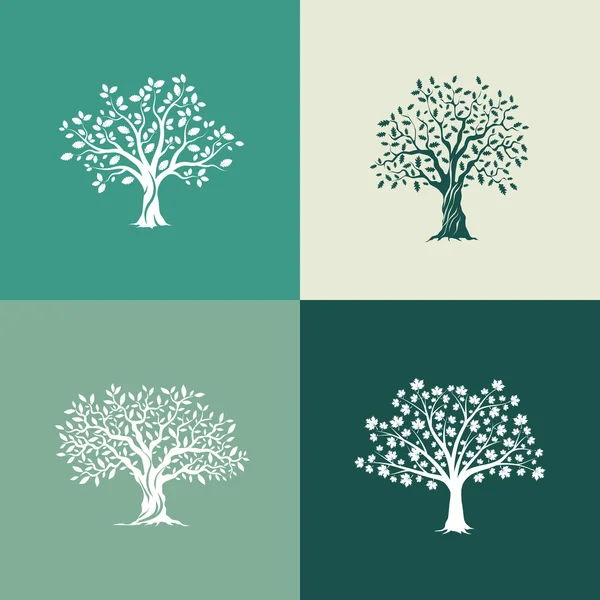 Güzel meşe, zeytin ve maple ağaçlar siluet yeşil arka plan ayarla.