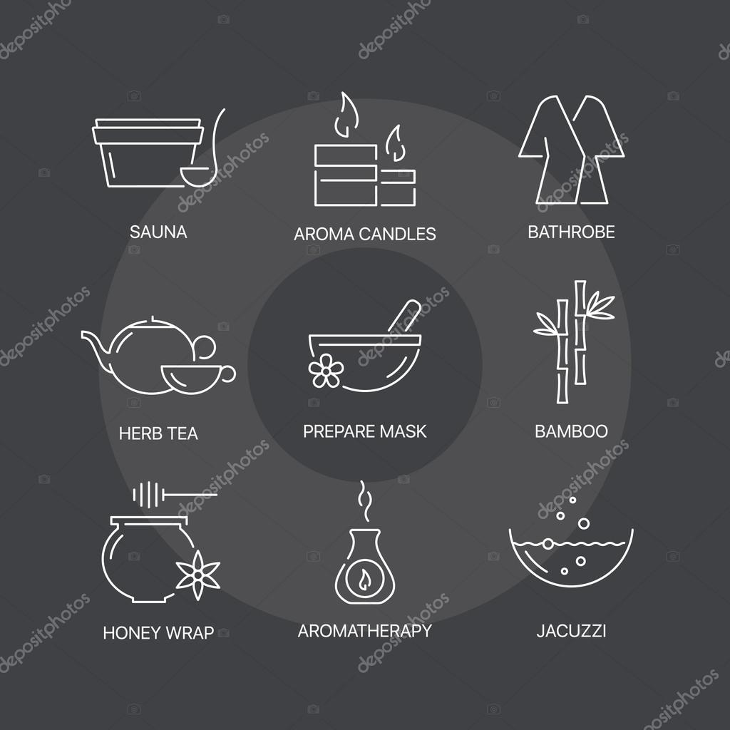 Spa thin line icons set on dark background. Exceptional elegant linear logo concept.  Exclusive outline sign vector illustration.