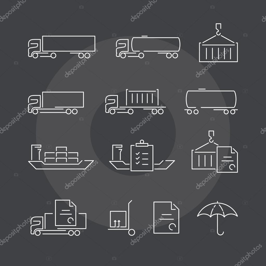 Logistics thin line icons set on dark background. Exceptional elegant linear logo concept.  Exclusive outline sign vector illustration.