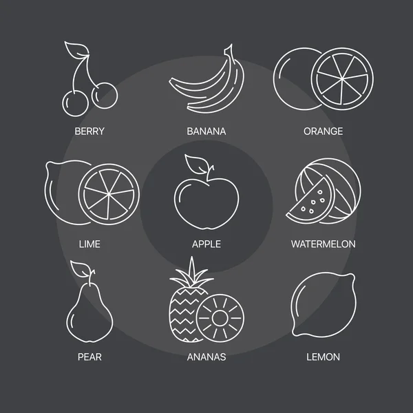 Fruits biologiques icônes de ligne mince mis sur fond sombre — Image vectorielle
