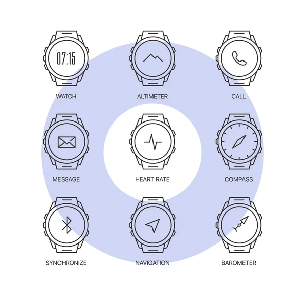 Smart watch functions thin line icons set on dark background Stock