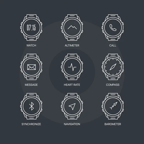 Funciones de reloj inteligente iconos de línea delgada establecidos sobre fondo oscuro — Vector de stock