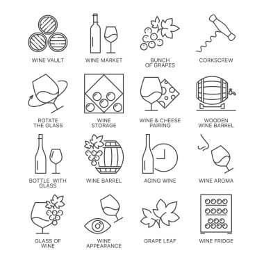Beyaz arka plan üzerinde izole şarap Icons set