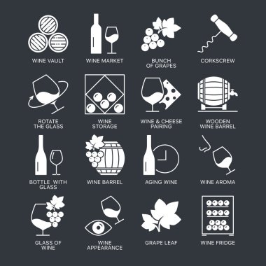 koyu arka plan üzerinde izole şarap Icons set