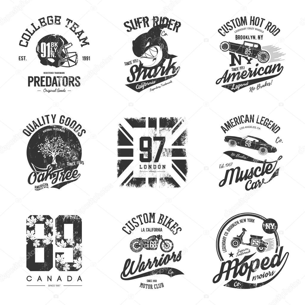 Vintage american old grunge effect tee print vector design set.