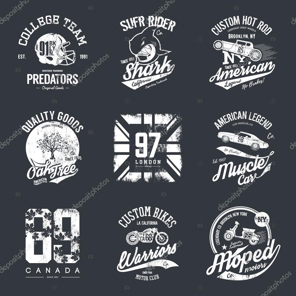 Vintage american old grunge effect tee print vector design set.