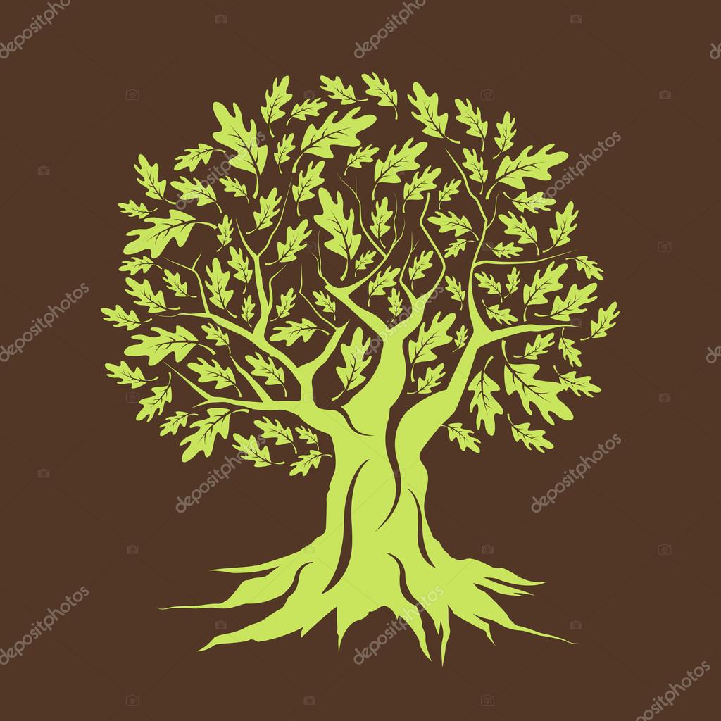Beautiful green oak tree silhouette isolated on brown background. Web infographic modern vector sign. Premium quality illustration logo design concept.
