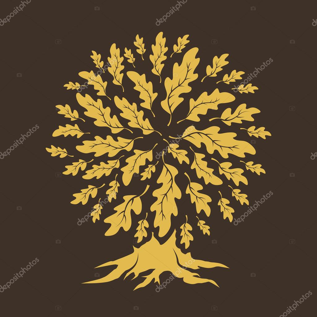Beautiful oak tree silhouette isolated on brown background. Web graphics modern vector sign. Premium quality illustration logo design concept.