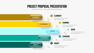 Business Growth Sunum Tasarım Vektörü İllüstrasyonu. Görselleştirme, 5 Adım Diyagram Düzenleme. Yatırımcı Gösterici Beş Element Bilgi Kaydırma Şablonu.