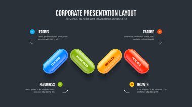 Yatırımcı Buluşu 4 Element Diyagramı Çerçeve Düzeni. Profil Slayt Gösterisi Şablon İllüstrasyonu Danışmanlık. Kurumsal Insight Dört Adım Bilgisel Sunum Tasarımı.