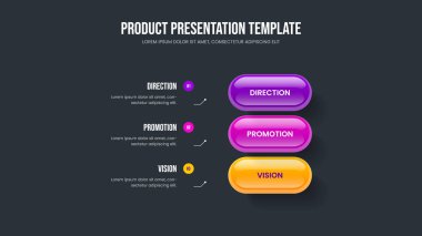 Profesyonel Kampanya 3 Element Diyagramı Sunum Şablonu. Ürün Portföyü Kaydırak Düzeni Vektör İllüstrasyonu. Dijital Öngörü Üç Seçenek Slayt Gösterisi Tasarımı.