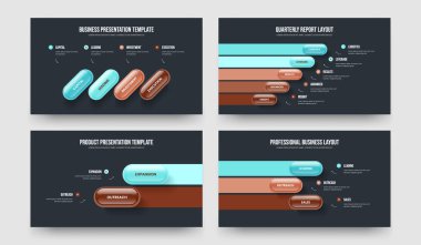 Finansal Plan 4523 Opsiyon Bilgi Slayt Gösterisi Düzeni Paketi. Piyasa Büyümesi Dört Beş İki Üç Adım Çerçeve Şablonu Vektör Resimleme Koleksiyonu.