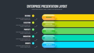 Financial Development Presentation Design Vector Illustration. Market Campaign 5 Step Infographic Slide Template. Creative Proposal Five Option Diagram Frame Layout.