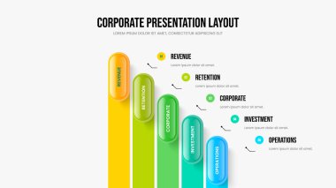 Creative Performance Slideshow Template Vector Illustration. Company Insight 5 Element Infographic Presentation Design. Enterprise Forecast Five Step Diagram Frame Layout.