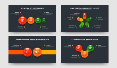 Elegant Launch 4 5 2 3 Element Graph Presentation Template Collection. Advertising Portfolio Four Five Two Three Option Diagram Slide Layout Vector Illustration Set.