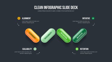 Görsel Gelişim 4 Element Diyagram Kaydırma Tasarımı. Şirket Performans Sunumu Şablon Vektör İllüzyonu. Satış Analizi Dört Seçenek Slayt Gösterisi Düzeni.