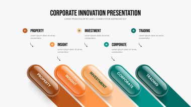 Product Overview 5 Element Infographic Slideshow Design. Professional Performance Slide Layout Vector Illustration. Project Planning Five Option Diagram Presentation Template.