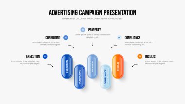 Consulting Showcase Frame Layout Vector Illustration. Service Innovation Five Option Diagram Slideshow Template. Modern Report 5 Element Infographic Slide Design.