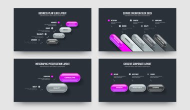 Modern Solution Four Five Two Three Option Diagram Slide Design Vector Illustration Set. Company Insight 4 5 2 3 Step Infographic Slideshow Layout Bundle.