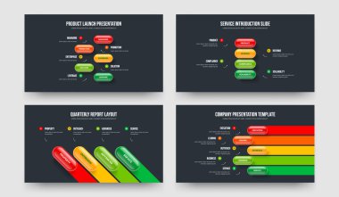 Product Showcase 5 4 Step Infographic Presentation Design Bundle. Advertising Profile Five Four Element Diagram Slideshow Layout Vector Illustration Collection.