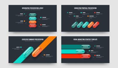 Professional Plan Four Five Two Three Step Diagram Slideshow Template Vector Illustration Collection. Marketing Launch 4 5 2 3 Element Infographic Slide Design Set.