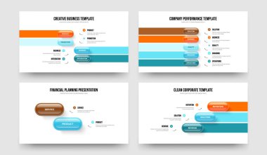 Modern Proposal Four Five Two Three Element Diagram Slideshow Template Vector Illustration Bundle. Creative Solution 4 5 2 3 Step Infographic Slide Design Set.