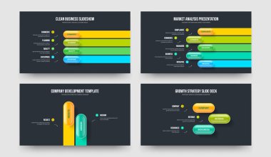 Visual Visualization Four Five Two Three Element Infographic Slide Template Vector Illustration Set. Market Analysis 4 5 2 3 Step Diagram Presentation Layout Collection.
