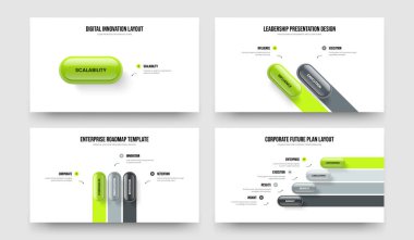 Sales Campaign 1 2 3 4 Element Infographic Slide Layout Set. Company Profile One Two Three Four Step Diagram Frame Template Vector Illustration Bundle.