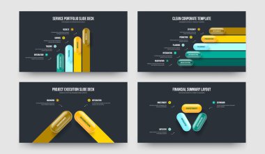 Professional Introduction Four Five Two Three Option Diagram Presentation Template Vector Illustration Collection. Digital Report 4 5 2 3 Element Infographic Slide Design Bundle.