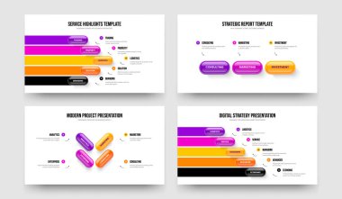 Product Plan 5 3 4 Option Infographic Frame Layout Set. Professional Analysis Five Three Four Element Diagram Slide Design Vector Illustration Collection.